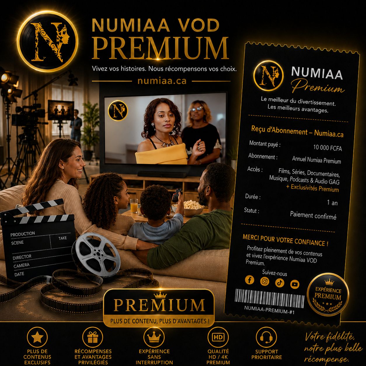 BOUQUET AFRIQUE Numiaa.ca PREMIUM – Films, séries, musique & avant-premières | 10 000 F/an (2 mois offerts + une surprise annuelle)